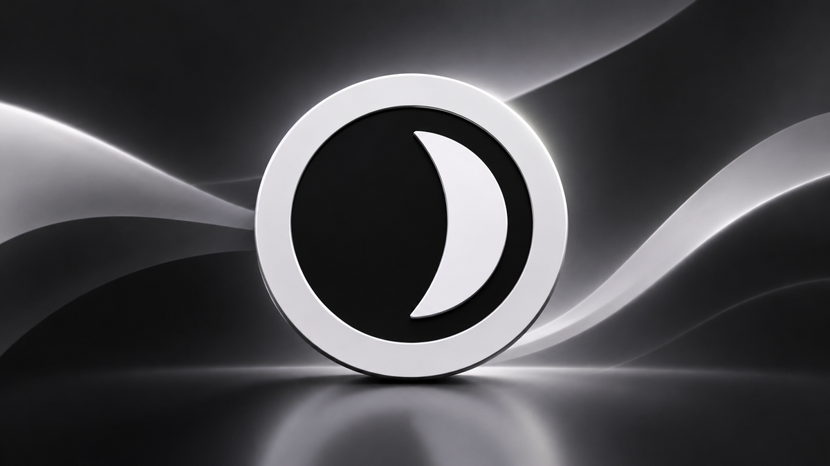 Dusk (DUSK) crypto coin crescent moon logo on a dark background.