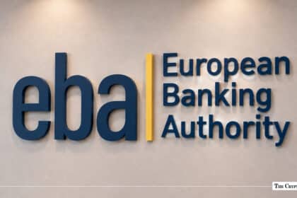 European Banking Authority EBA logo mounted on a beige wall background