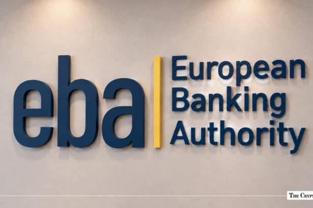 European Banking Authority EBA logo mounted on a beige wall background