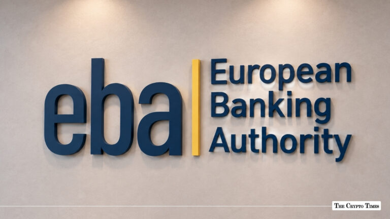 European Banking Authority EBA logo mounted on a beige wall background