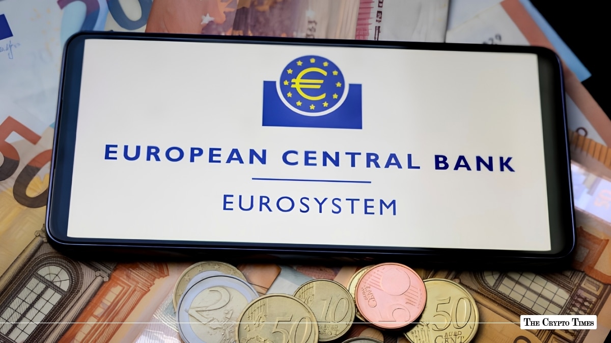 A smartphone displaying the European Central Bank Eurosystem logo placed over Euro banknotes and coins.