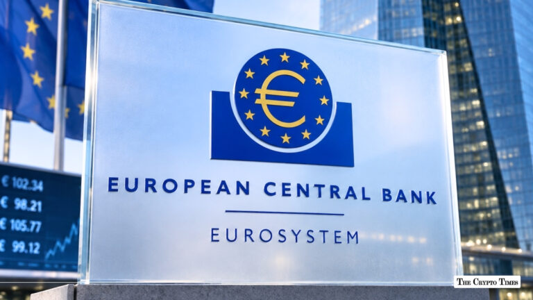 A transparent sign displaying the European Central Bank Eurosystem logo positioned in front of a financial ticker board and modern office building.
