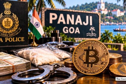 Physical crypto coins, Indian Rupee stacks, and handcuffs arranged in front of a Goa Police insignia and Panaji sign post.
