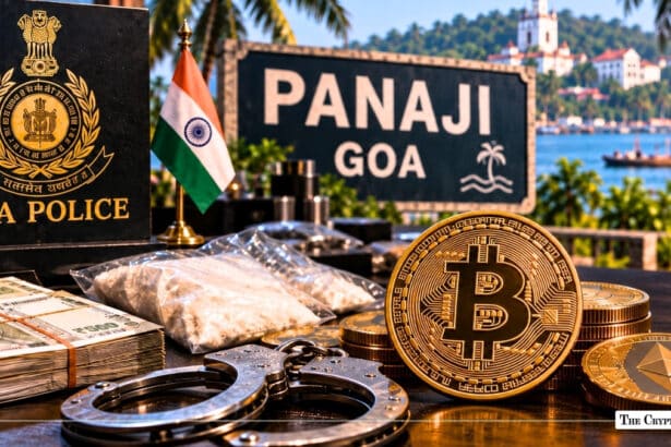 Physical crypto coins, Indian Rupee stacks, and handcuffs arranged in front of a Goa Police insignia and Panaji sign post.