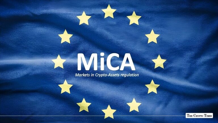 Markets in Crypto-Assets (MiCA) regulation title overlaid on the European Union flag.