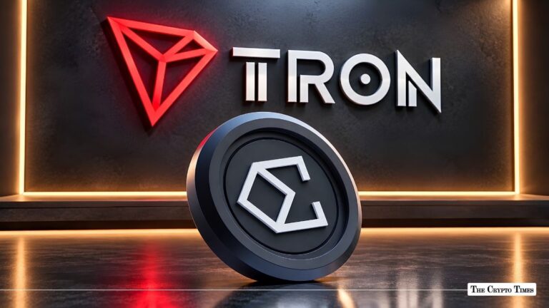 Ethena coin in front of an illuminated TRON wall logo.