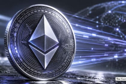 A silver Ethereum coin emitting fast digital data streaks toward a global network grid.