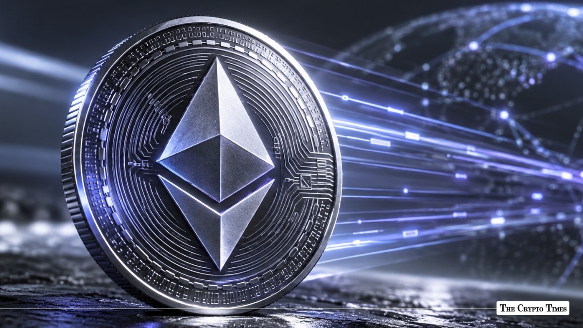 A silver Ethereum coin emitting fast digital data streaks toward a global network grid.