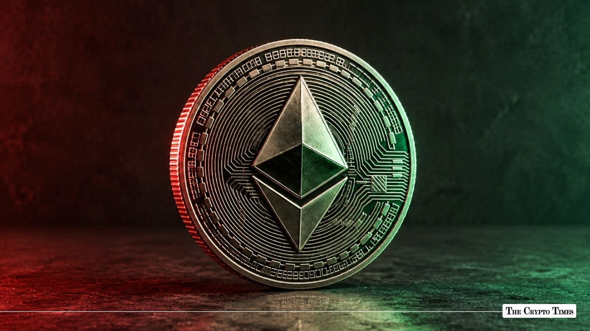 Silver Ethereum token standing upright, lit with red lighting on the left and green lighting on the right