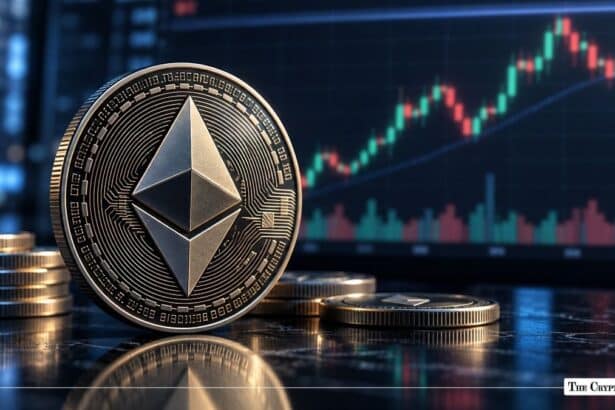Silver physical Ethereum (ETH) token standing next to stacked coins before a glowing market candlestick chart.