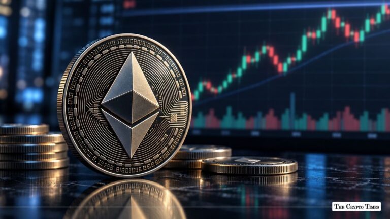 Silver physical Ethereum (ETH) token standing next to stacked coins before a glowing market candlestick chart.