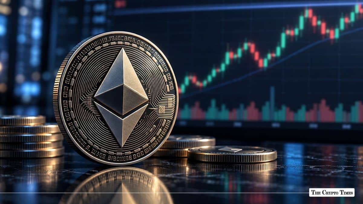 Silver physical Ethereum (ETH) token standing next to stacked coins before a glowing market candlestick chart.