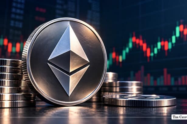 Silver Ethereum (ETH) token standing upright beside stacked coins in front of a market price chart.