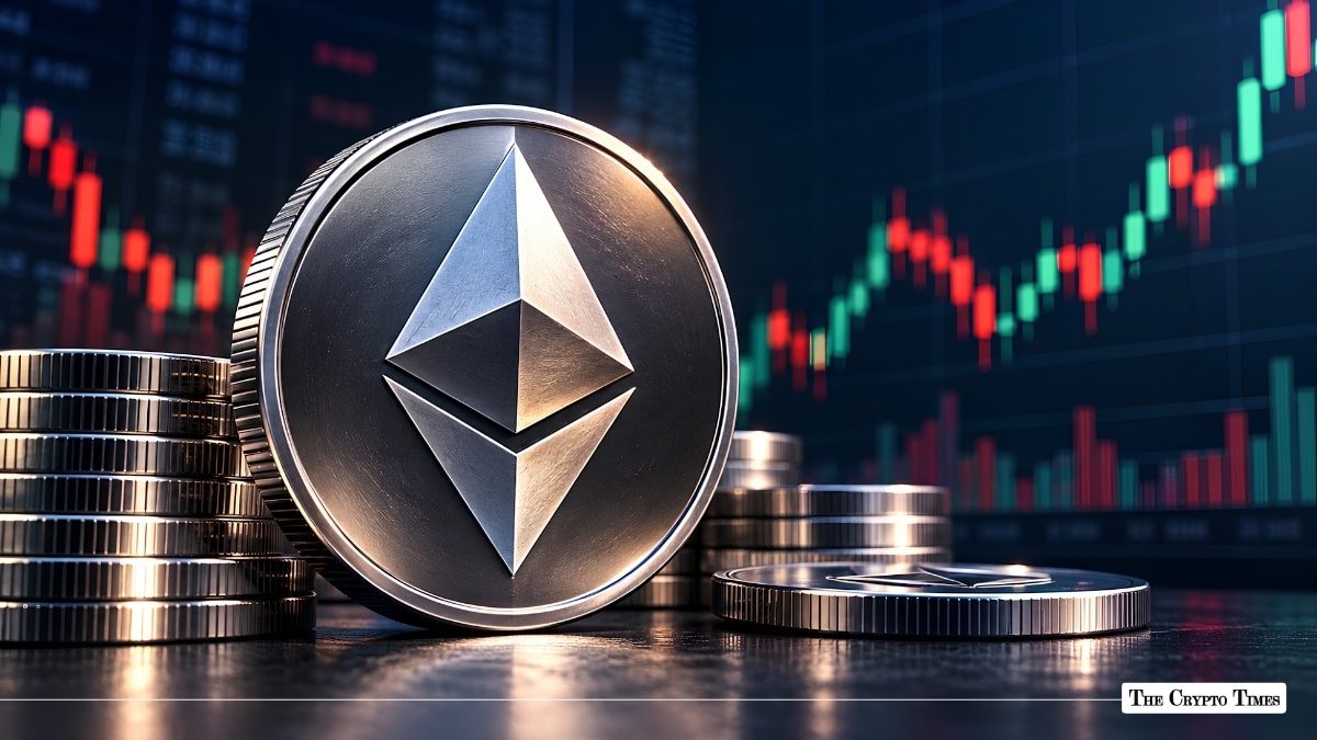 Silver Ethereum (ETH) token standing upright beside stacked coins in front of a market price chart.