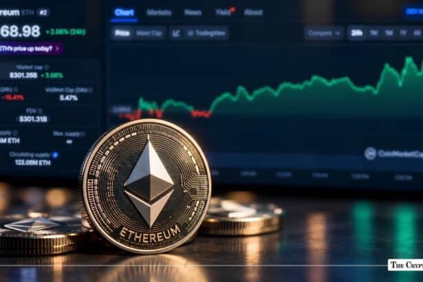 Physical silver Ethereum coin in front of a green financial market chart display.