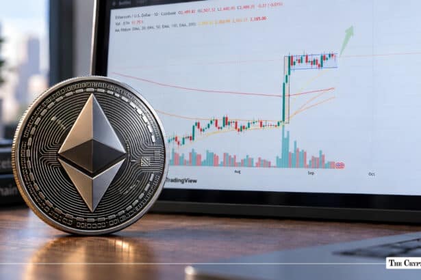 Physical silver Ethereum coin sitting on a wooden desk next to a laptop displaying an upward-trending candlestick chart.