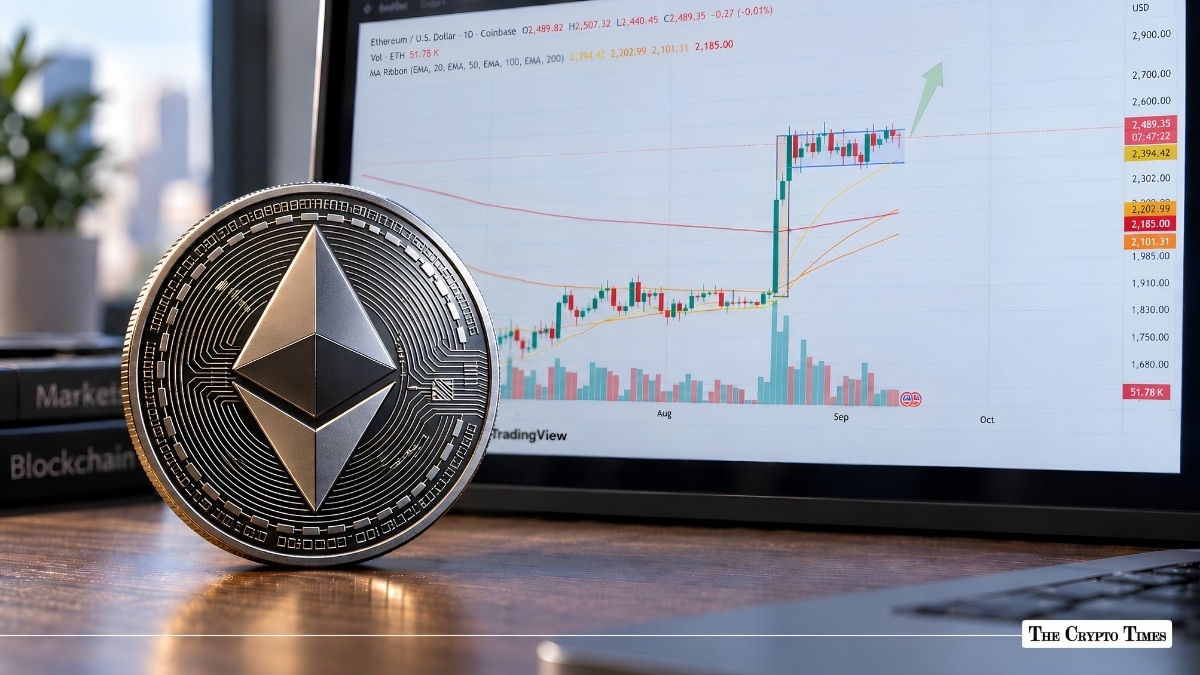 Physical silver Ethereum coin sitting on a wooden desk next to a laptop displaying an upward-trending candlestick chart.