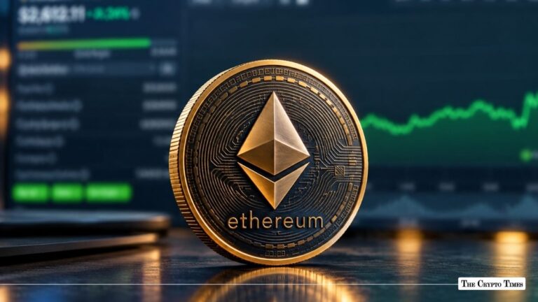 Gold Ethereum coin positioned in front of a trading chart screen.