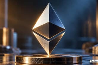 A metallic 3D Ethereum logo resting on a circular platform.