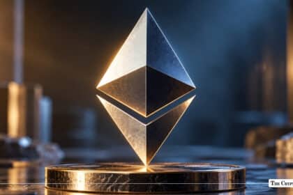 A metallic 3D Ethereum logo resting on a circular platform.