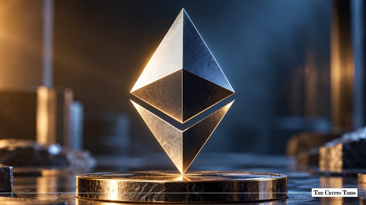 A metallic 3D Ethereum logo resting on a circular platform.