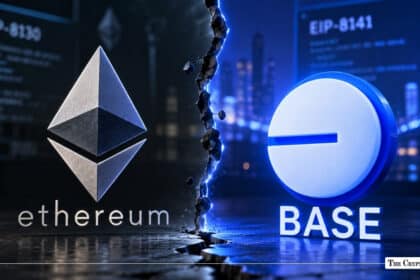 3D Ethereum and Base logos on a dark blue background divided by a glowing blue crack between them