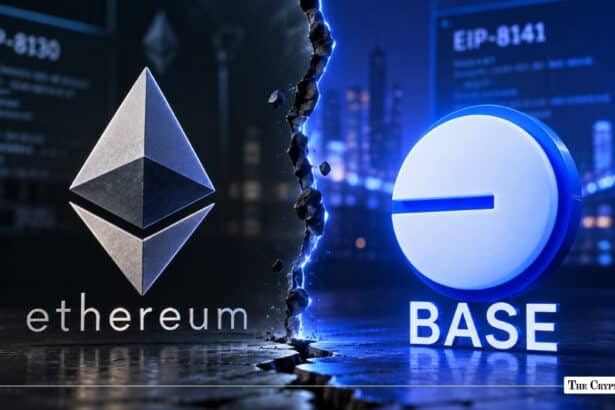 3D Ethereum and Base logos on a dark blue background divided by a glowing blue crack between them