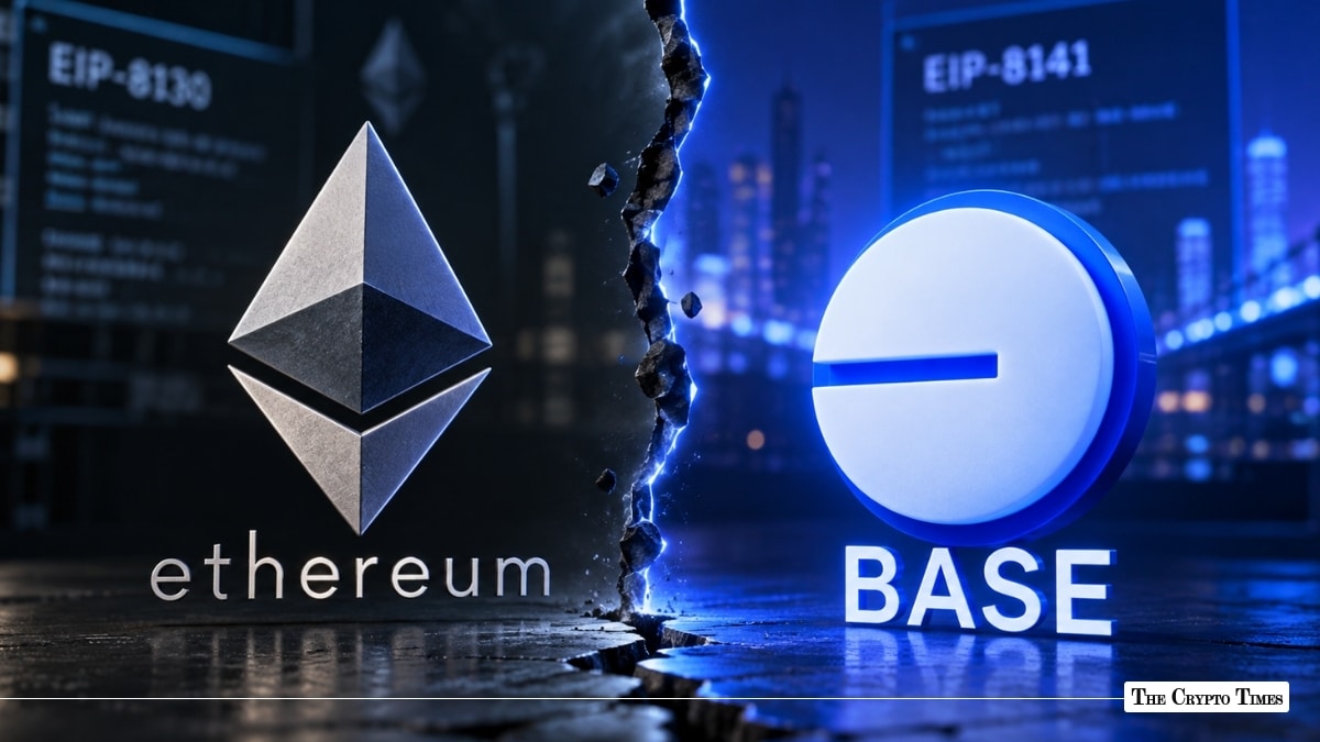 3D Ethereum and Base logos on a dark blue background divided by a glowing blue crack between them