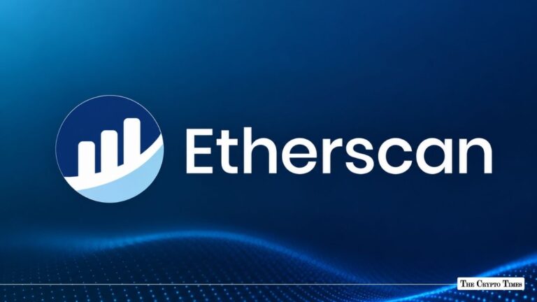 Etherscan logo displayed on a blue gradient background with subtle wave graphics.