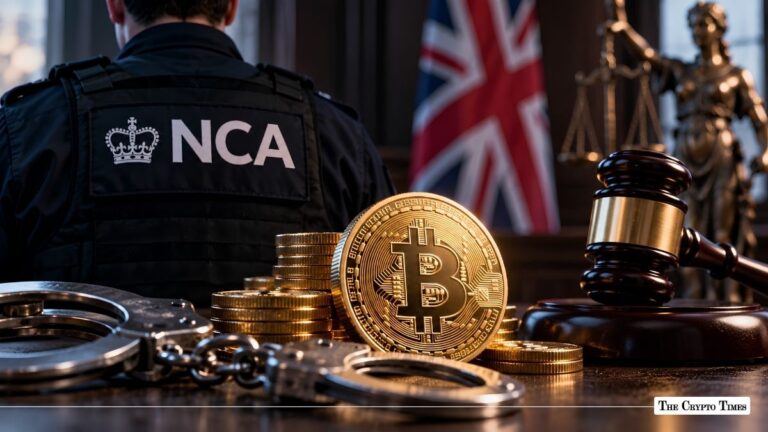 Physical Bitcoin coin with handcuffs, a judge's gavel, and an officer wearing UK National Crime Agency (NCA) uniform in a courtroom setting.