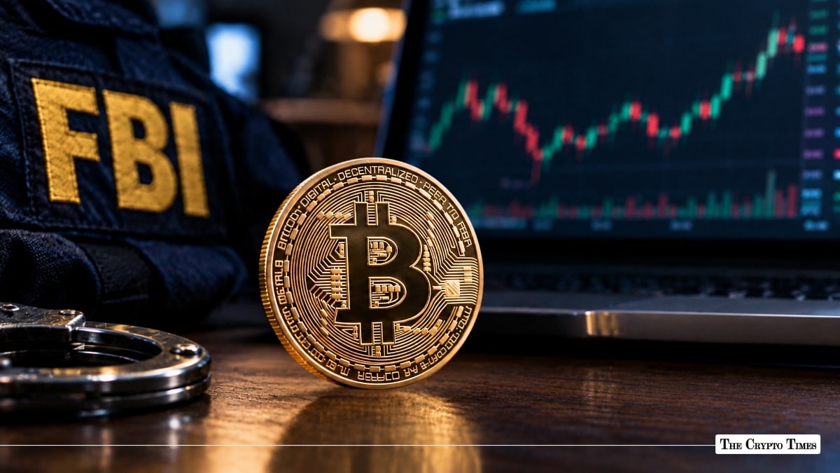 Gold Bitcoin coin with handcuffs, an FBI jacket, and a laptop showing financial charts in the background.