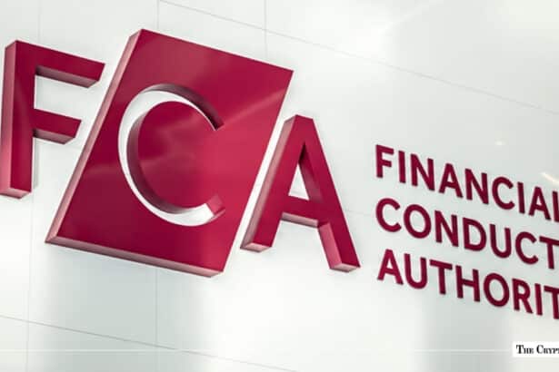 Red Financial Conduct Authority (FCA) logo and sign displayed on a white wall.