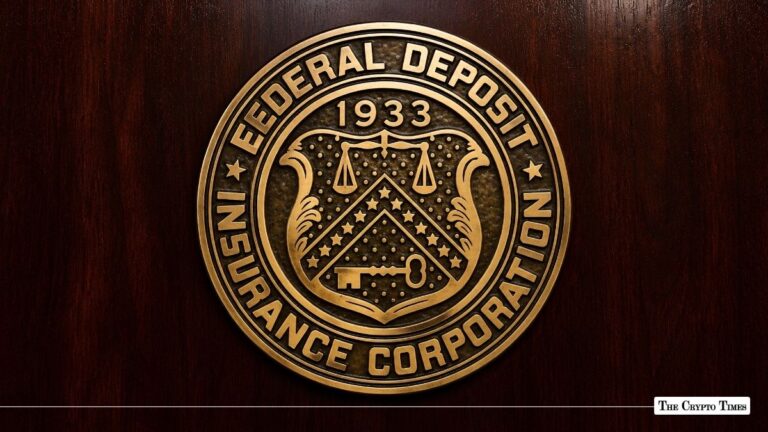 Official metallic seal of the Federal Deposit Insurance Corporation mounted on dark wood.