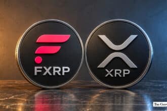 FXRP and XRP cryptocurrency coins side-by-side on a stone surface.