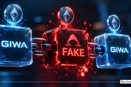A glowing red "FAKE" block chained between blue "GIWA" blockchain blocks, topped with Ethereum tokens.