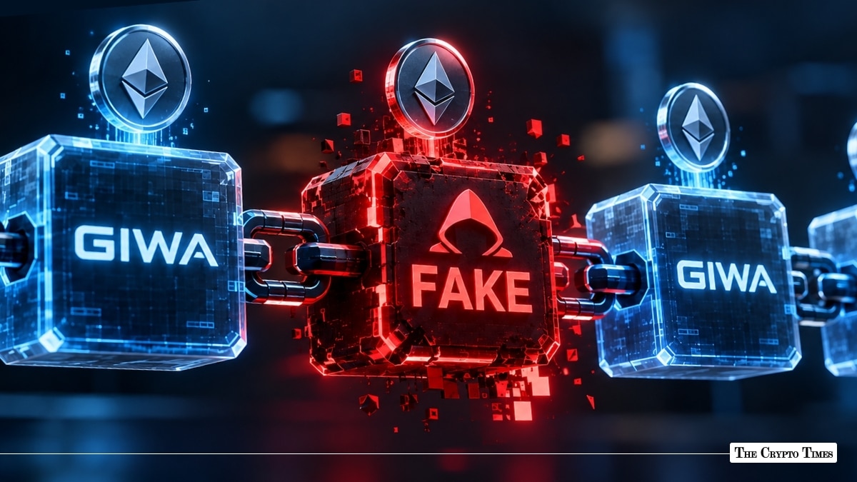 A glowing red "FAKE" block chained between blue "GIWA" blockchain blocks, topped with Ethereum tokens.