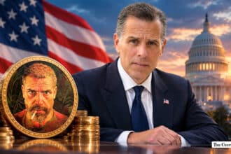 Composite image of Hunter Biden in a suit, set against an American flag and the US Capitol dome, with a large custom coin in the foreground.