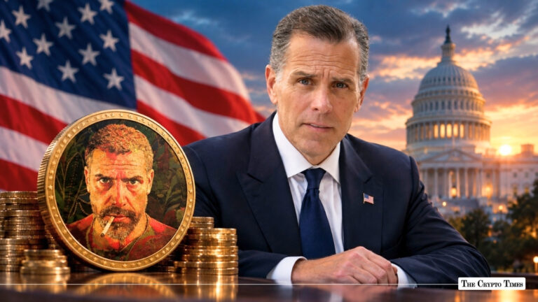 Composite image of Hunter Biden in a suit, set against an American flag and the US Capitol dome, with a large custom coin in the foreground.