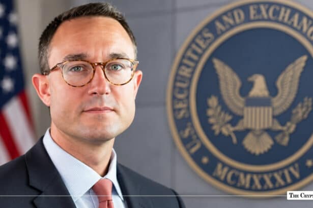 Portrait of SEC official with U.S. Securities and Exchange Commission seal and American flag in background