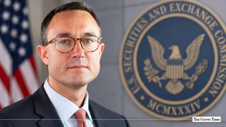 Portrait of SEC official with U.S. Securities and Exchange Commission seal and American flag in background