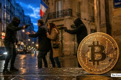Darkened Parisian street at night with masked intruders pointing handguns at a couple, alongside a large gold Bitcoin coin overlay