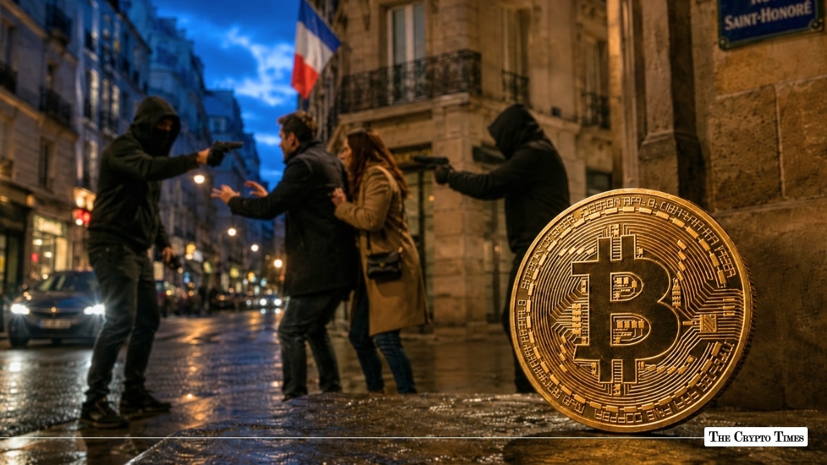 Darkened Parisian street at night with masked intruders pointing handguns at a couple, alongside a large gold Bitcoin coin overlay
