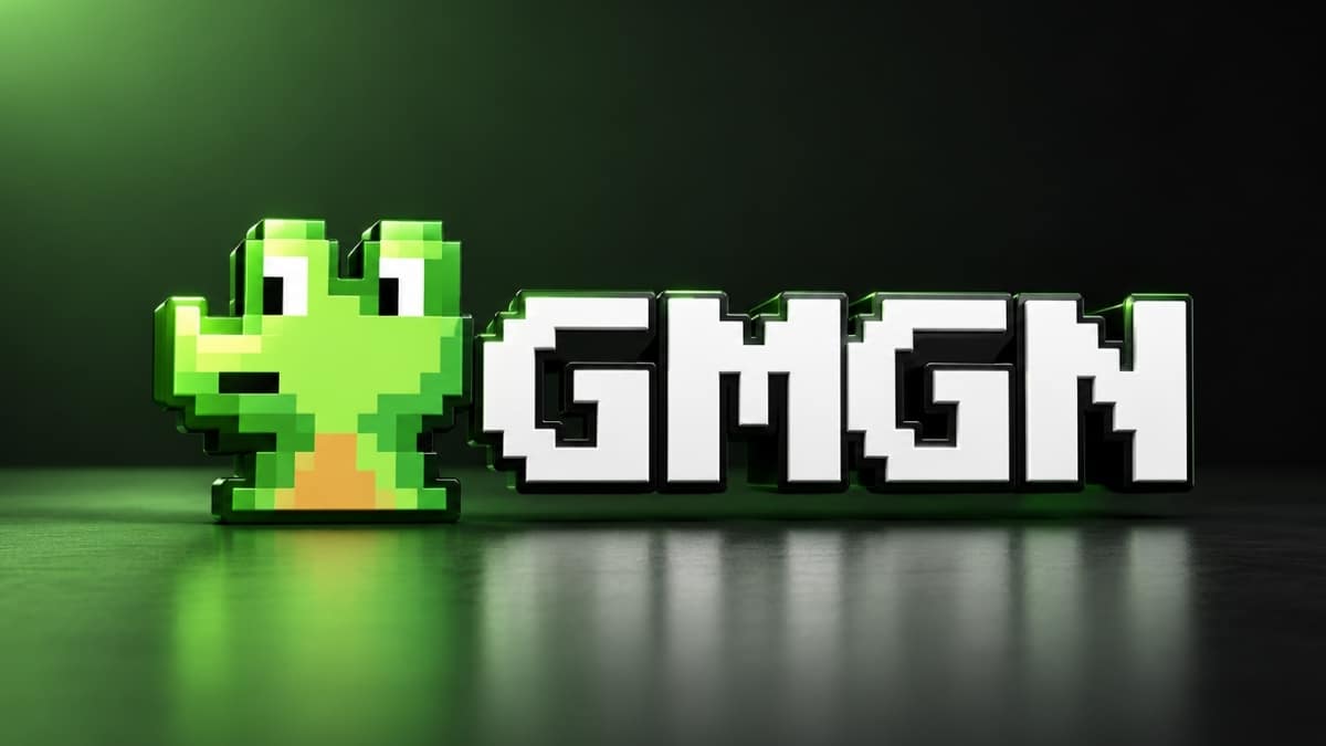 GMGN logo with pixelated green frog emblem on dark background