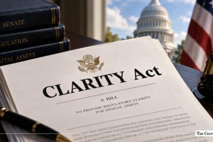 Printed document titled "CLARITY Act" on a desk alongside official legal books, a pen, a wooden gavel, and an American flag