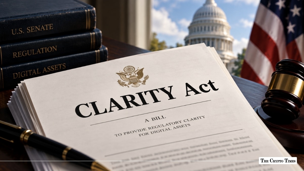 Printed document titled "CLARITY Act" on a desk alongside official legal books, a pen, a wooden gavel, and an American flag