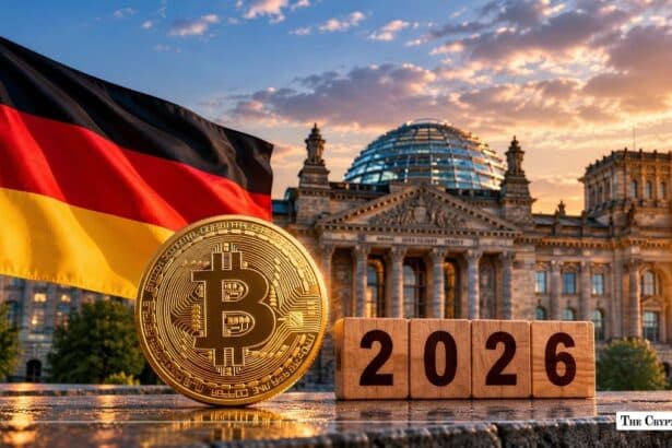 Gold Bitcoin coin and 2026 wooden blocks in front of the German flag and Reichstag building.