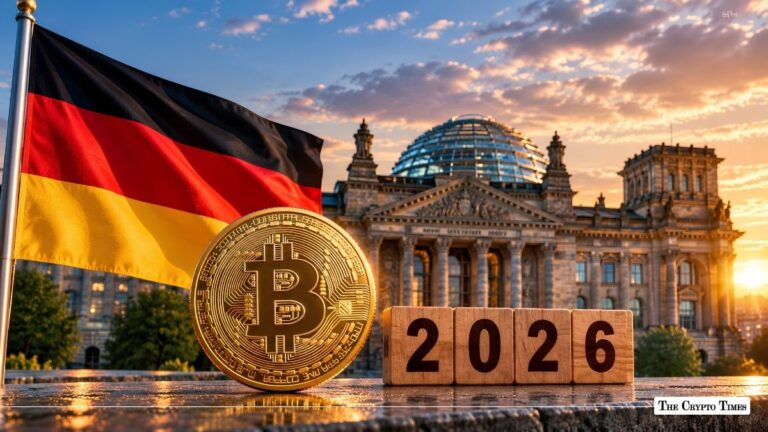 Gold Bitcoin coin and 2026 wooden blocks in front of the German flag and Reichstag building.