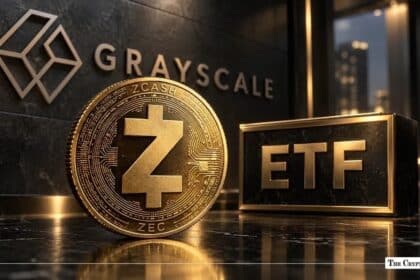 Physical Zcash coin next to a gold ETF sign in front of a Grayscale background wall.