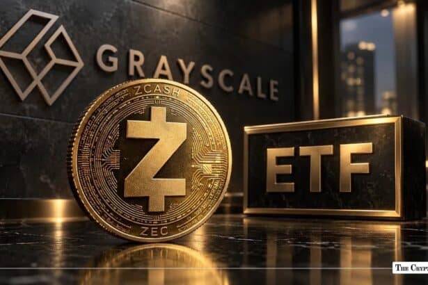 Physical Zcash coin next to a gold ETF sign in front of a Grayscale background wall.
