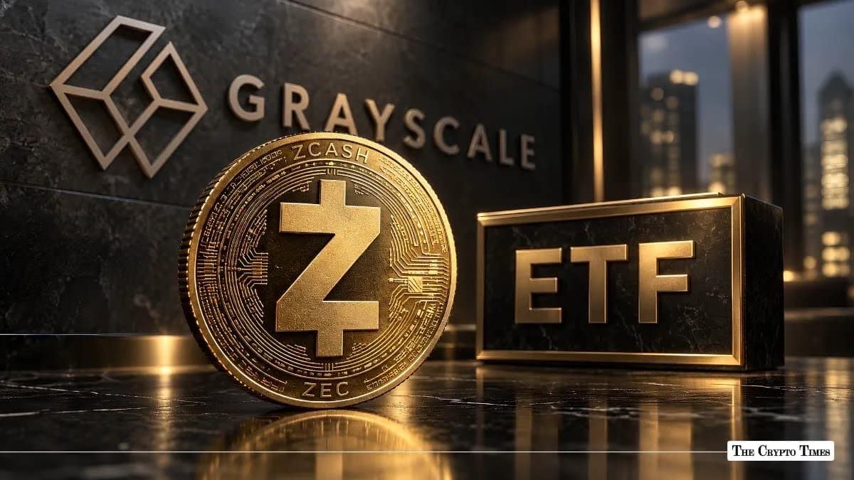 Physical Zcash coin next to a gold ETF sign in front of a Grayscale background wall.